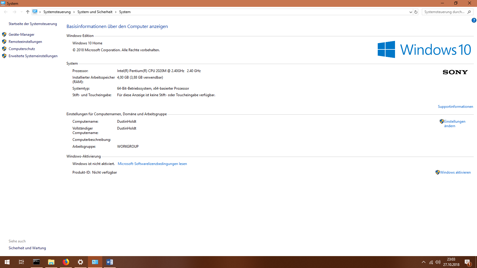 Aktivierung Windows 10 Home (1803)