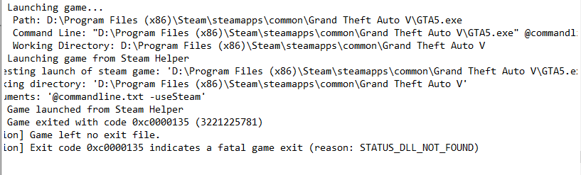 Grand Theft Auto V wurde unerwartet beendet. Problem-Code: "STATUS_DLL_NOT_FOUND"