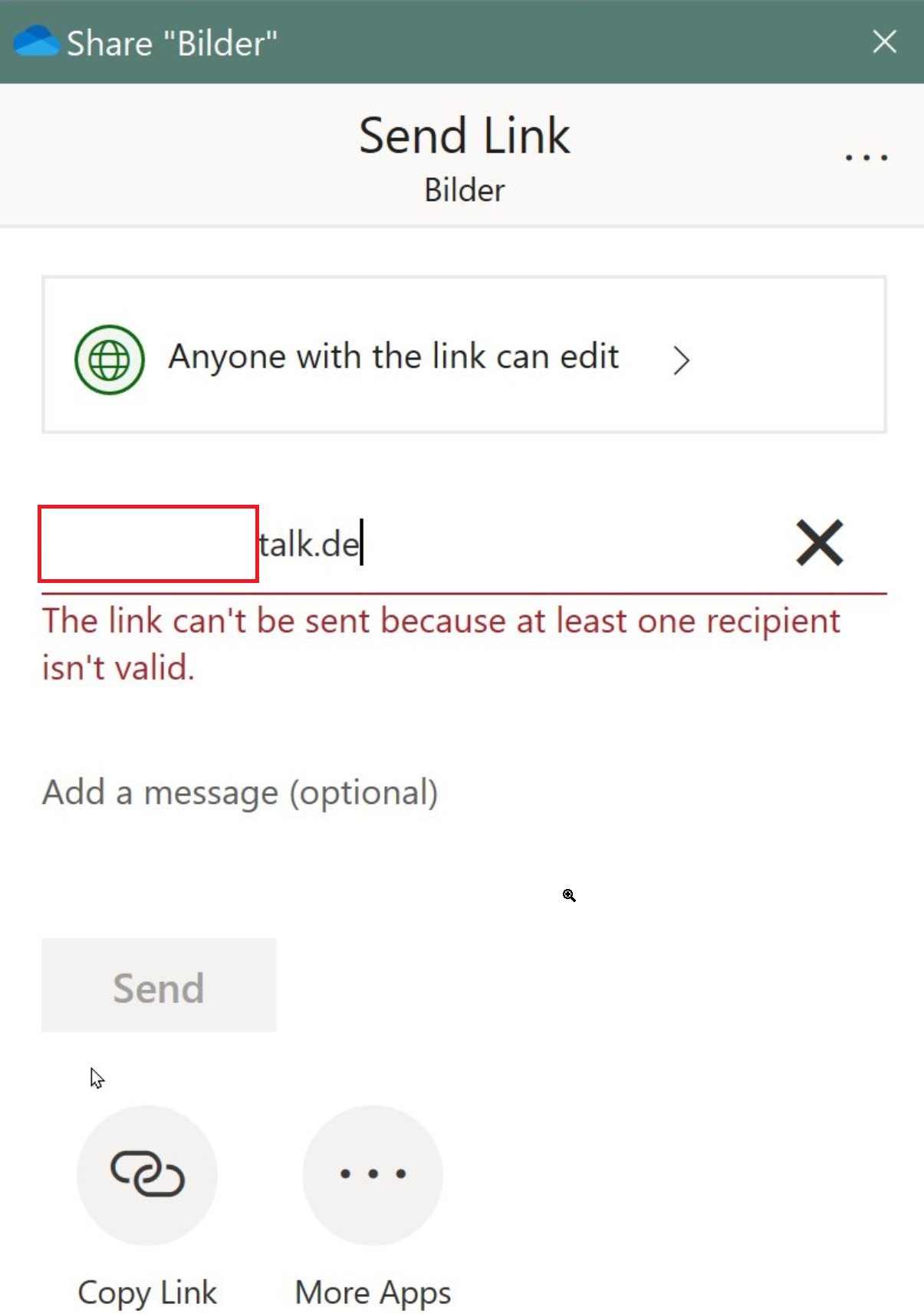 OneDrive: Teilen send link scheitert