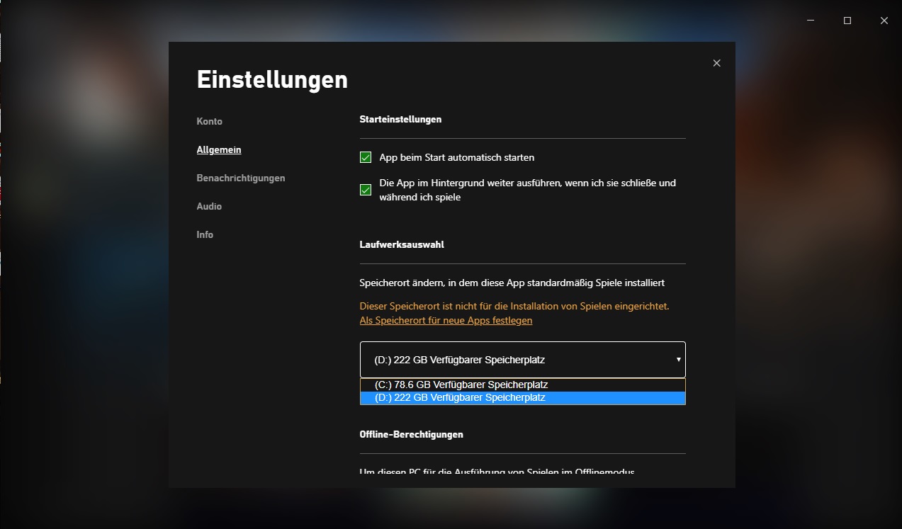 Standard App Speicherort ändern