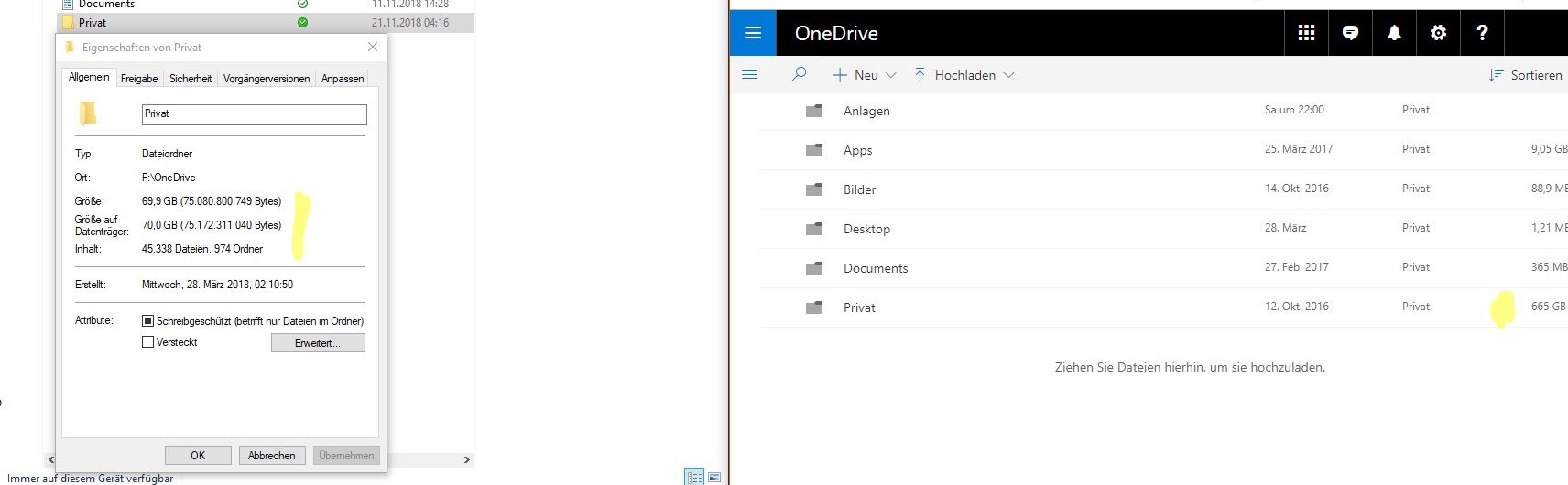 OneDrive Bug?! [OneDrive online größer als offline. (ohne Papierkorb)]