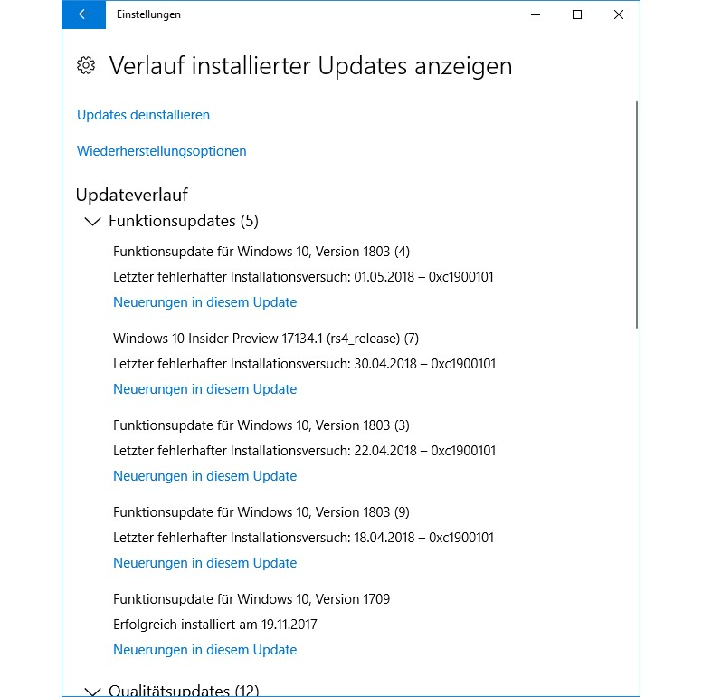 Funktionsupdate für Windows 10, Version 1803 erzeugt Bluescreen und Fehlermeldungen