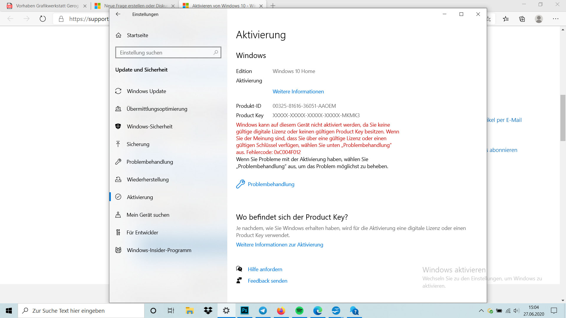 "PC wurde nicht korrekt gestartet" nach Patch. Windows zurück gesetzt; Aktivierung...