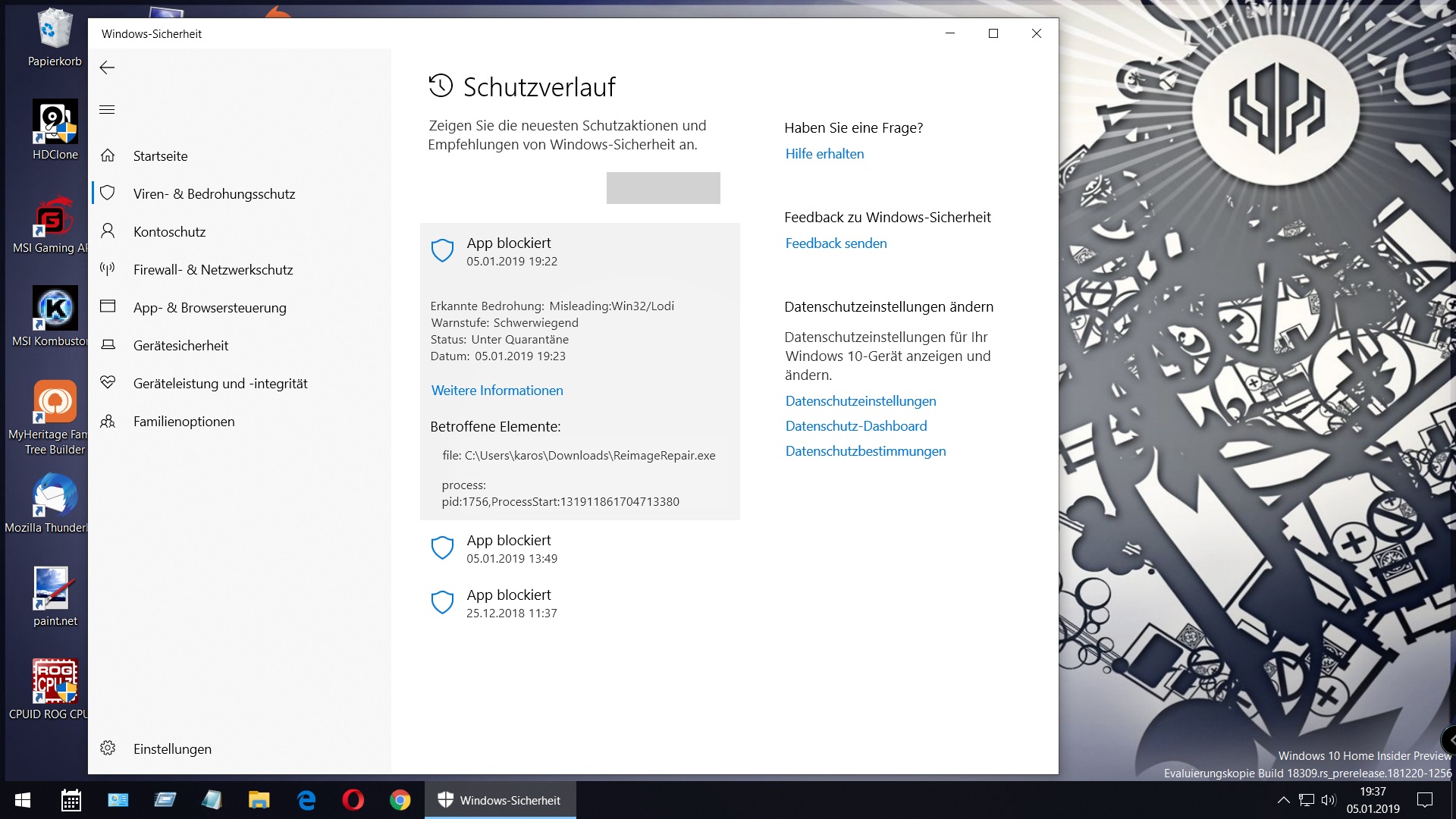 Warnung for dem  Programm Reimage