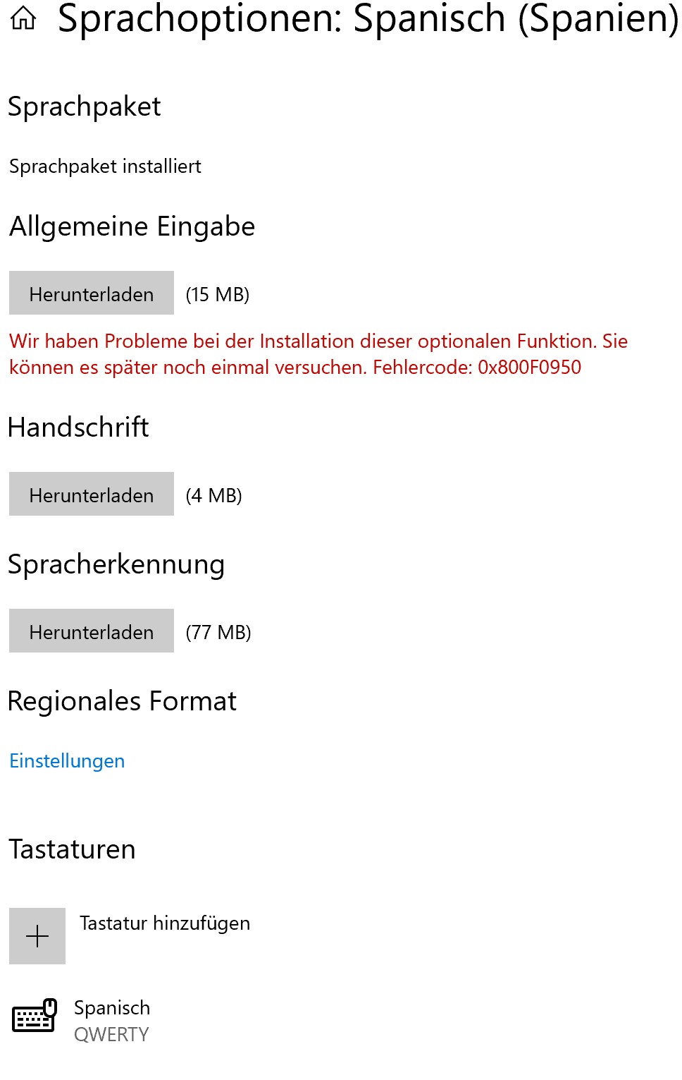 Fehler beim Sprache installieren (0x800F0950)