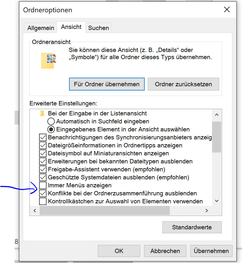 fehlende Option "immer Symbole statt Miniaturansichten anzeigen" - keine Miniaturansicht im...