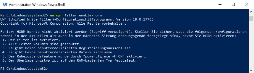 Windows 10 Enterprise - UWF / HORM lässt sich nicht aktivieren