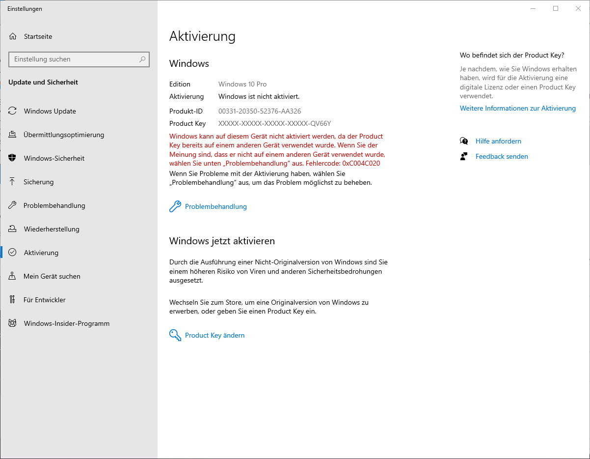 Windows 10 Product Key Funktioniert nach Hardwareänderung nicht mehr.
