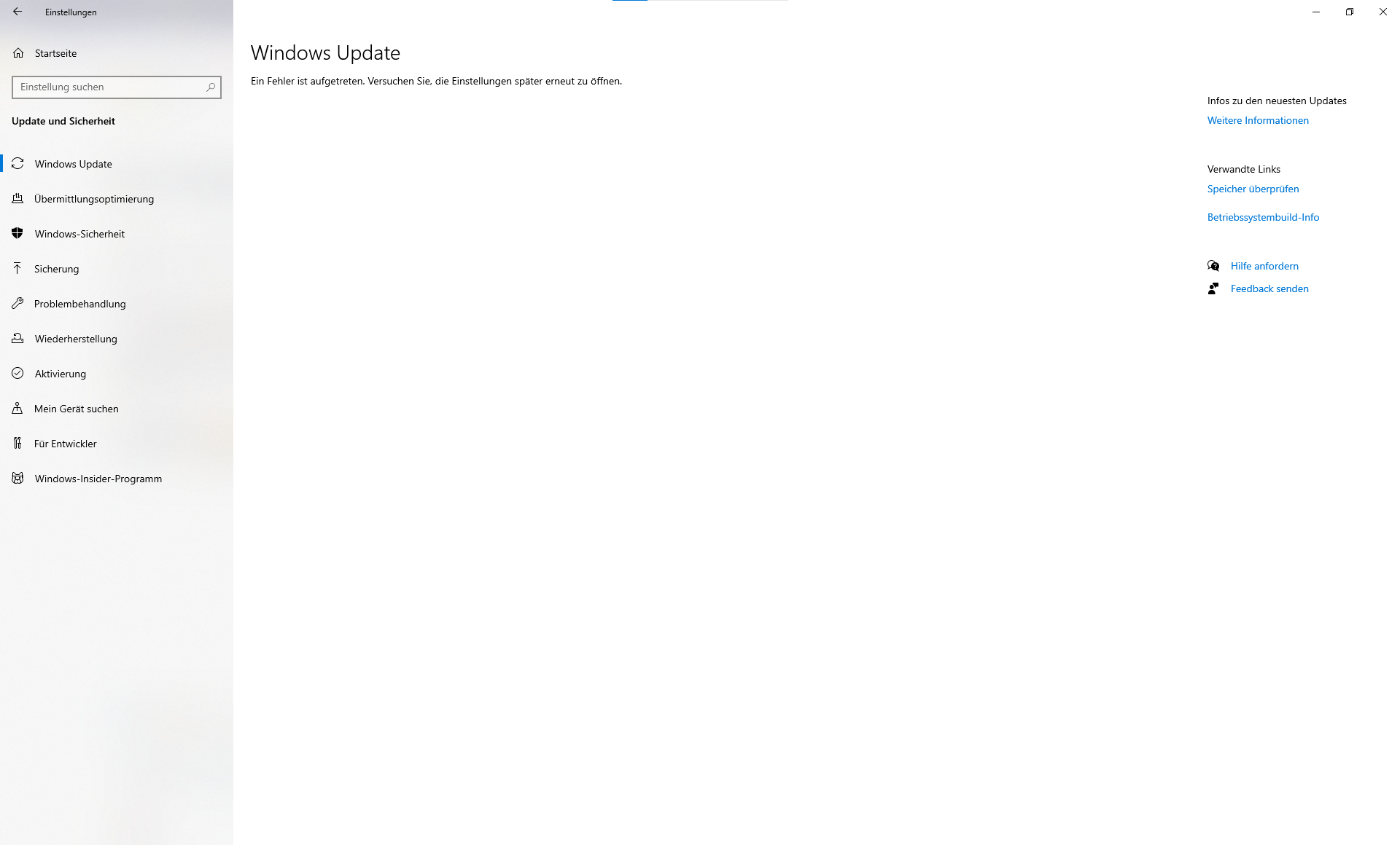 Windows Update Seite Fehler leeres Fenster!