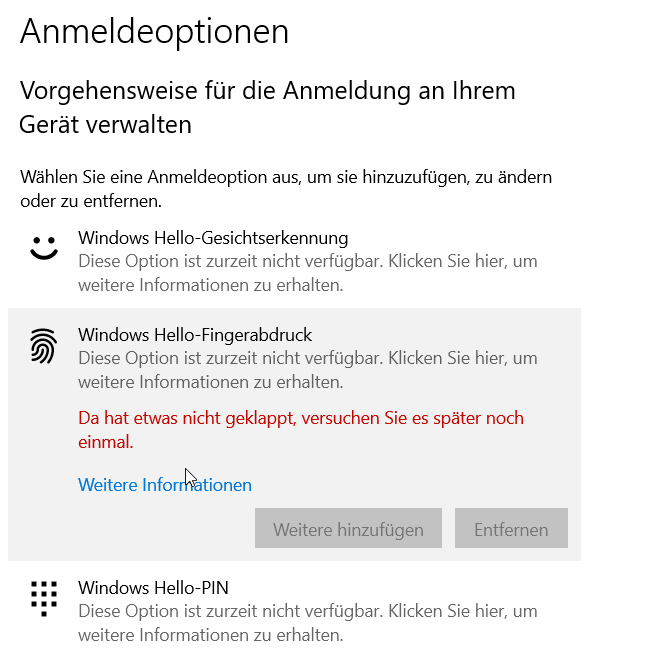 Anmdeldeoptionen in Hello nicht verfügbar