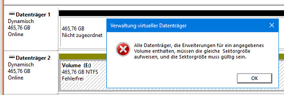 Win10 Spiegelung, Fehler "gleiche Sektorgröße"