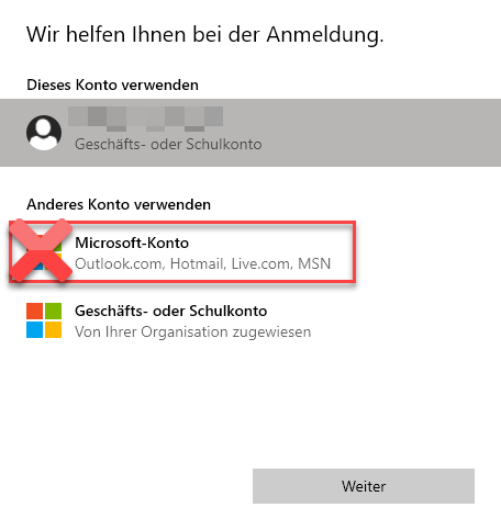 "Microsoft-Konto hinzufügen" ausschalten bzw. ausblenden