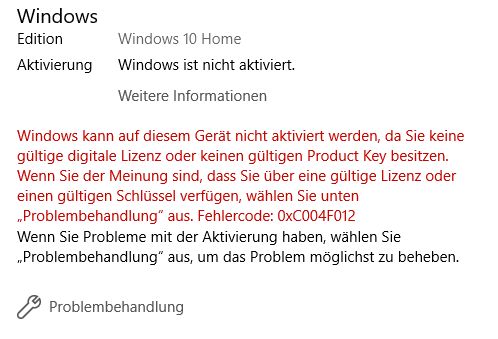 Windows 10 Fehlercode: 0xC004F012