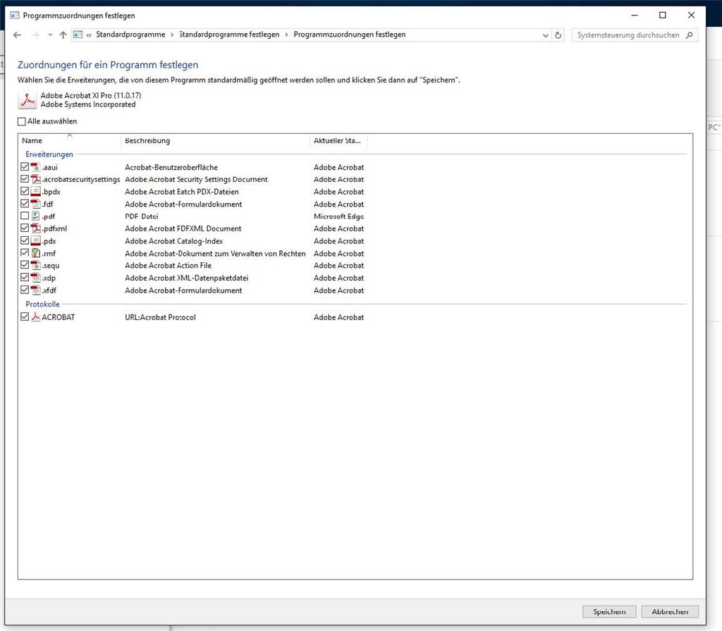 Kann Acrobat 11 nicht statt Edge für pdf-Anzeige einstellen