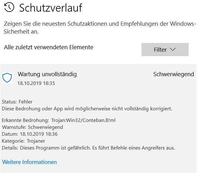 Windows Defender zeigt "Wartung unvollständig" bei Trojaner Win32/Conteban.B!ml an