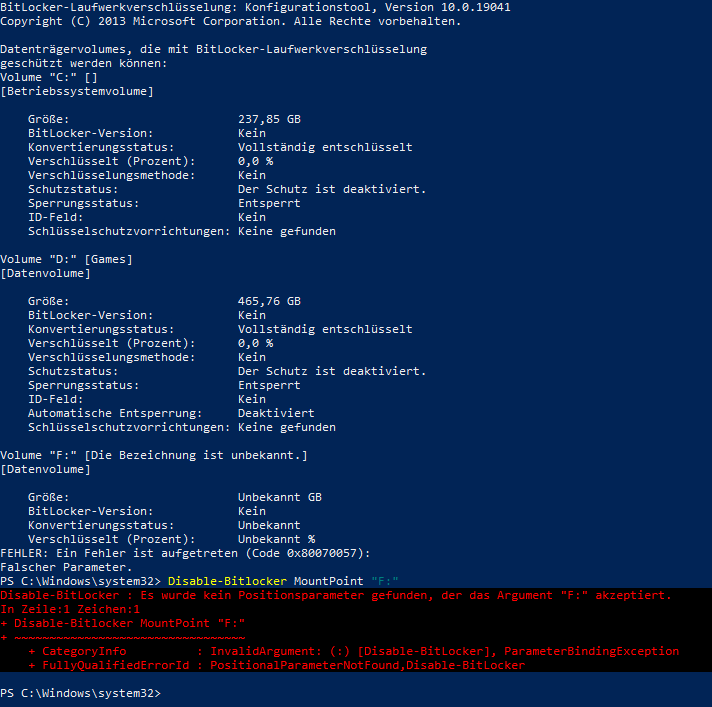 Partition lässt sich nicht mehr entschlüsseln BitLocker Win 10 Home