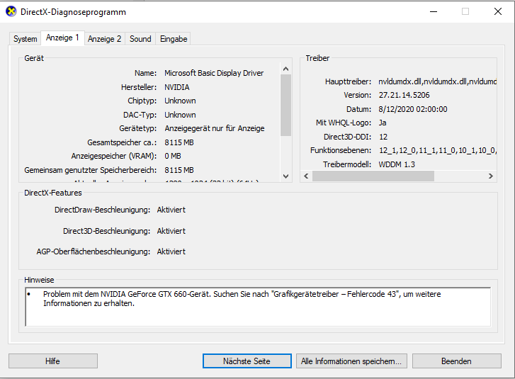Grafikkarte funktioniert nach Windows 10 Update nicht mehr Treiber sind aktuell