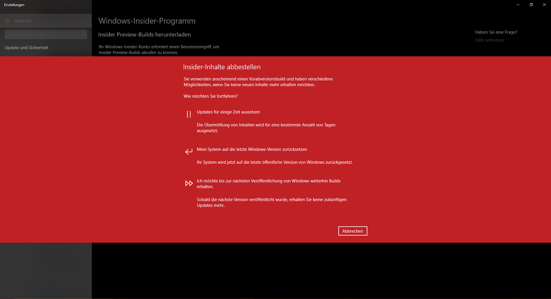 Windows-Insider und Prebuild ungewollt installiert