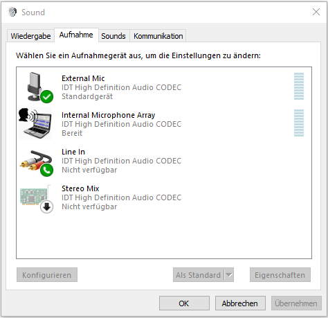 Line InMikrofon wird als nicht verfügbar angezeigt