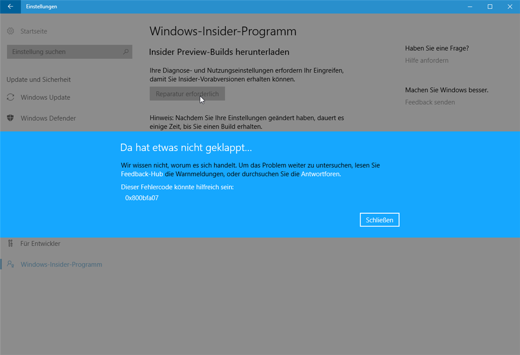 Fehler 0x800bfa07 beim Insider Preview