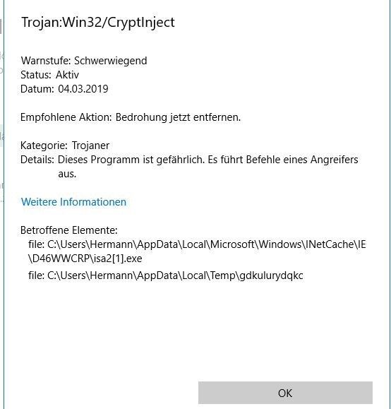 Trojaner: win32/cryptinject  -   WIEDERHOLUNG Neu ....
