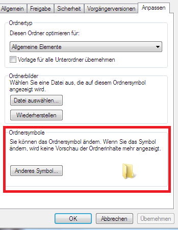 Ordnersymbole Option wird nicht angezeigt