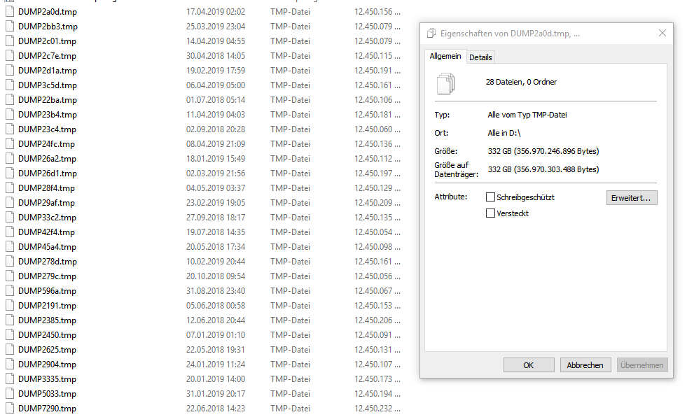 332GB DUMP*.tmp Dateien in D:/