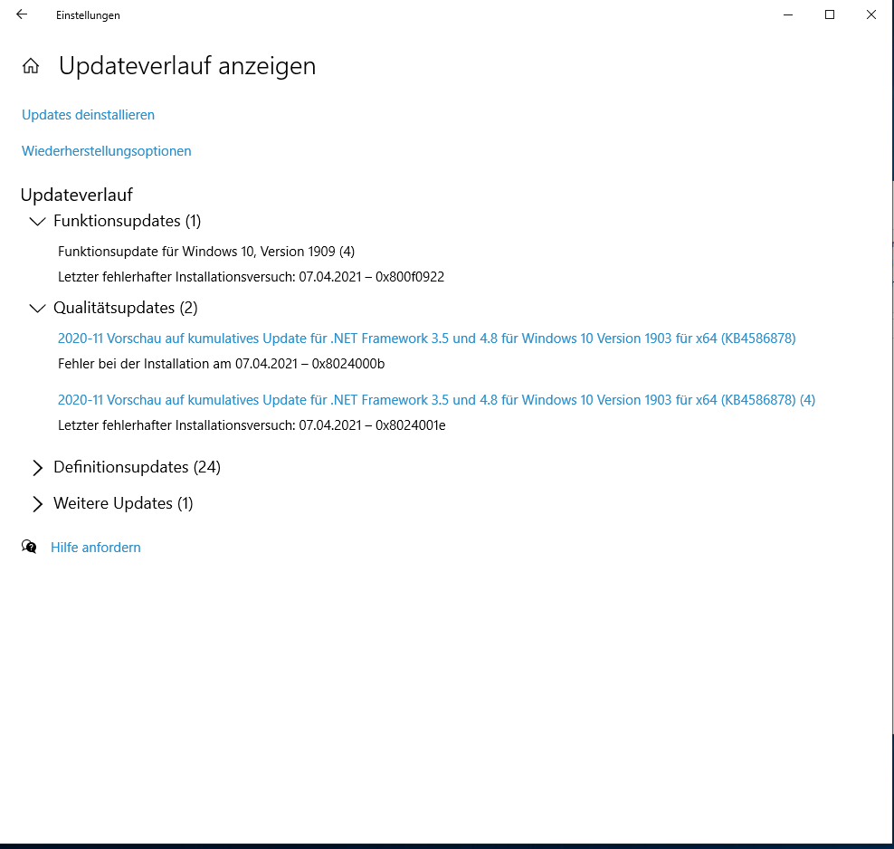 Update von Windows 10 nicht möglich / Fehlercode:  0x800f0922/ 0x8024000b / 0x8024001e