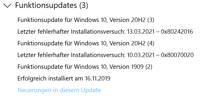 Funktionsupdate für Windows 10, Version 20H2 0x80242016  0x80070020