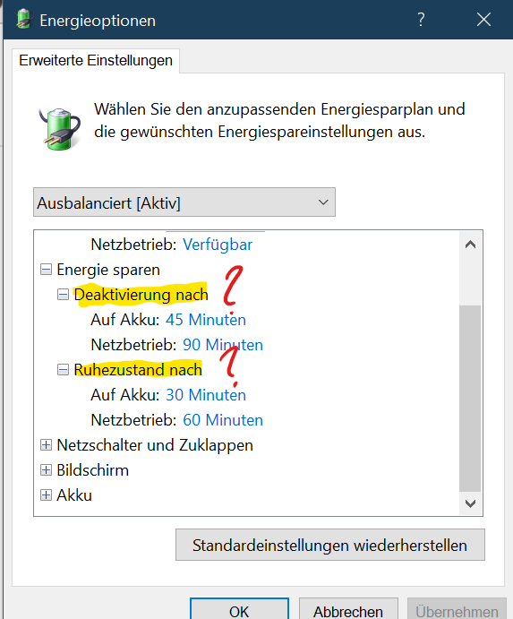 Frage zu den Energieoptionen unter Windows 10