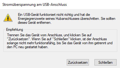 "Stromüberspannung am USB-Anschluss" geht nicht mehr weg