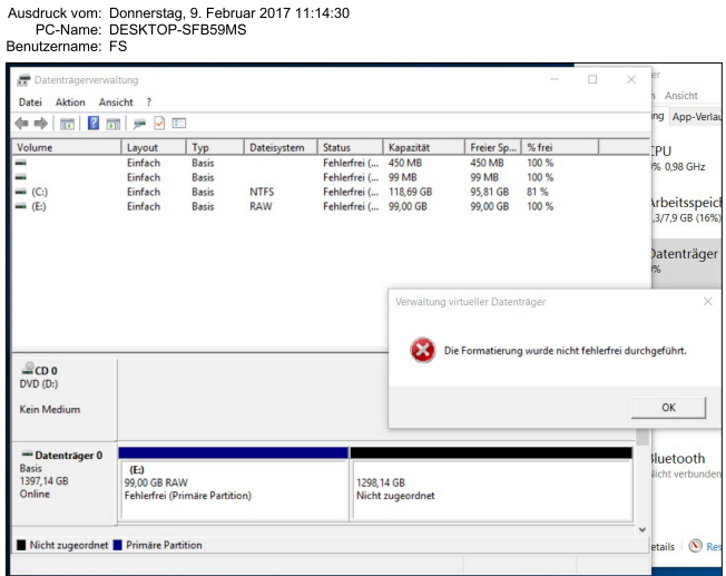 Formatierung der 2. HDD funktioniert nicht (RAW statt NTFS) ?!