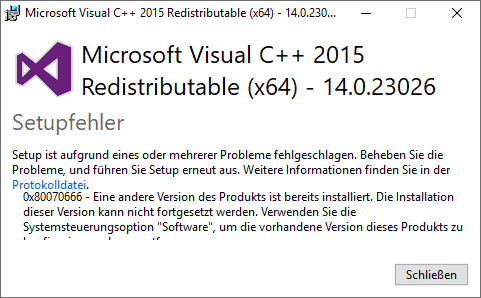 microsoft visual c ++ 2015 redistributable Installieren fehlgeschlagen