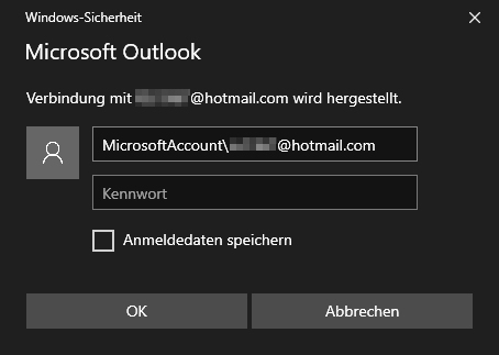 Popup: Windows-Sicherheit - Microsoft Outlook