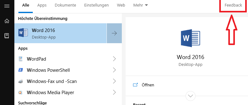 Windows Suche: Feedback Button entfernen