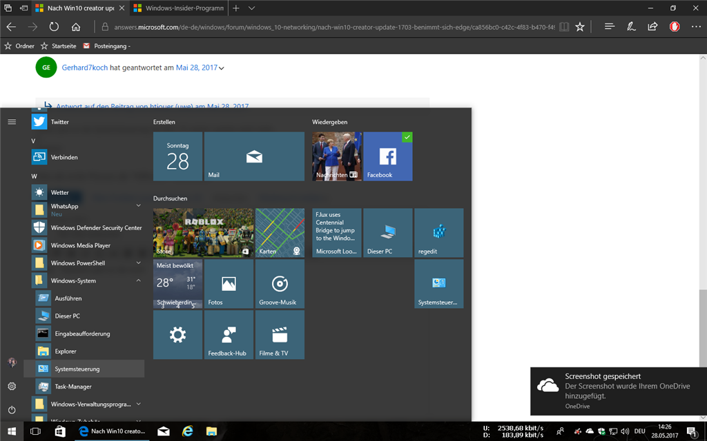 Nach Win10 creator update (1703) benimmt sich edge "daneben"