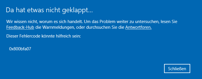 Insider Preview, "da hat etwas nicht geklappt"