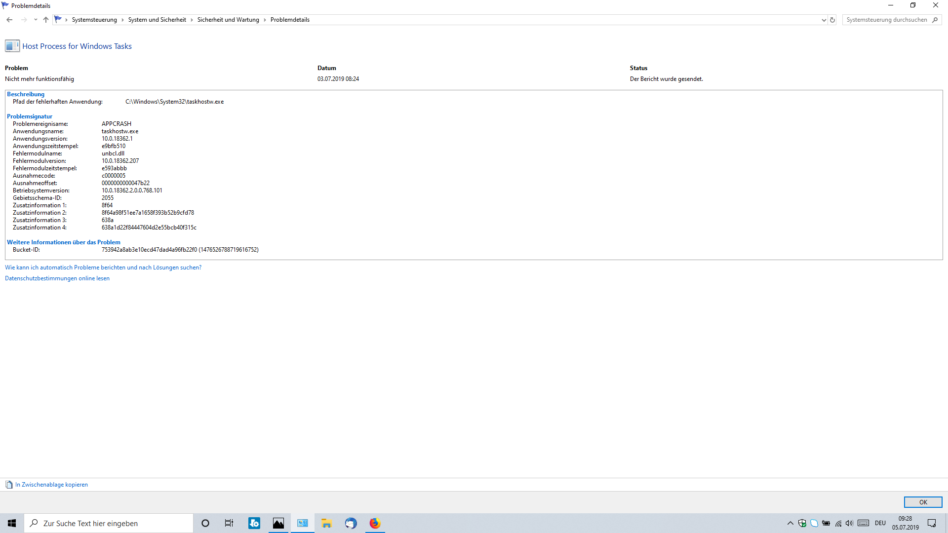Kritische Fehler im Zuverlässigkeitsverlauf durch Systemdatei taskhostw.exe