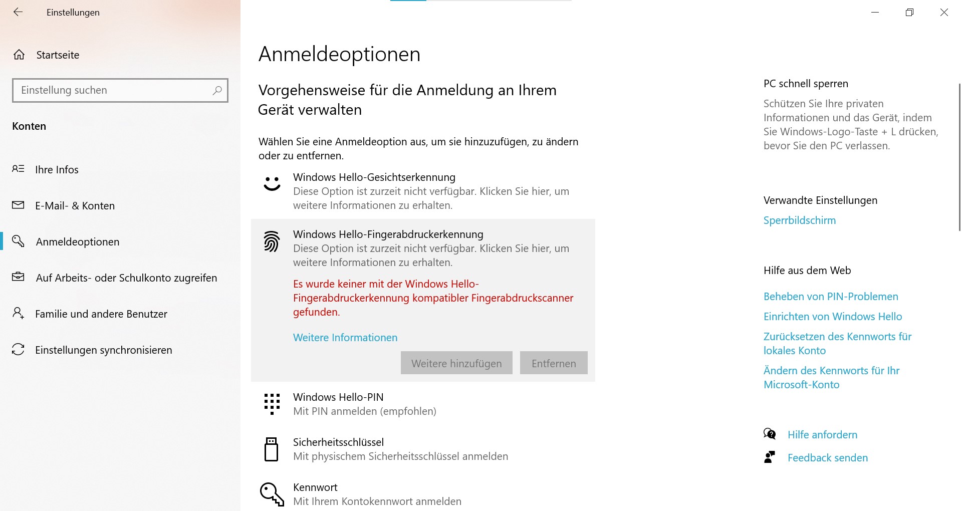 Nach Funktionsupdate für Windows 10 funktioniert Windows Hello-Fingerabdruckerkennung nicht...