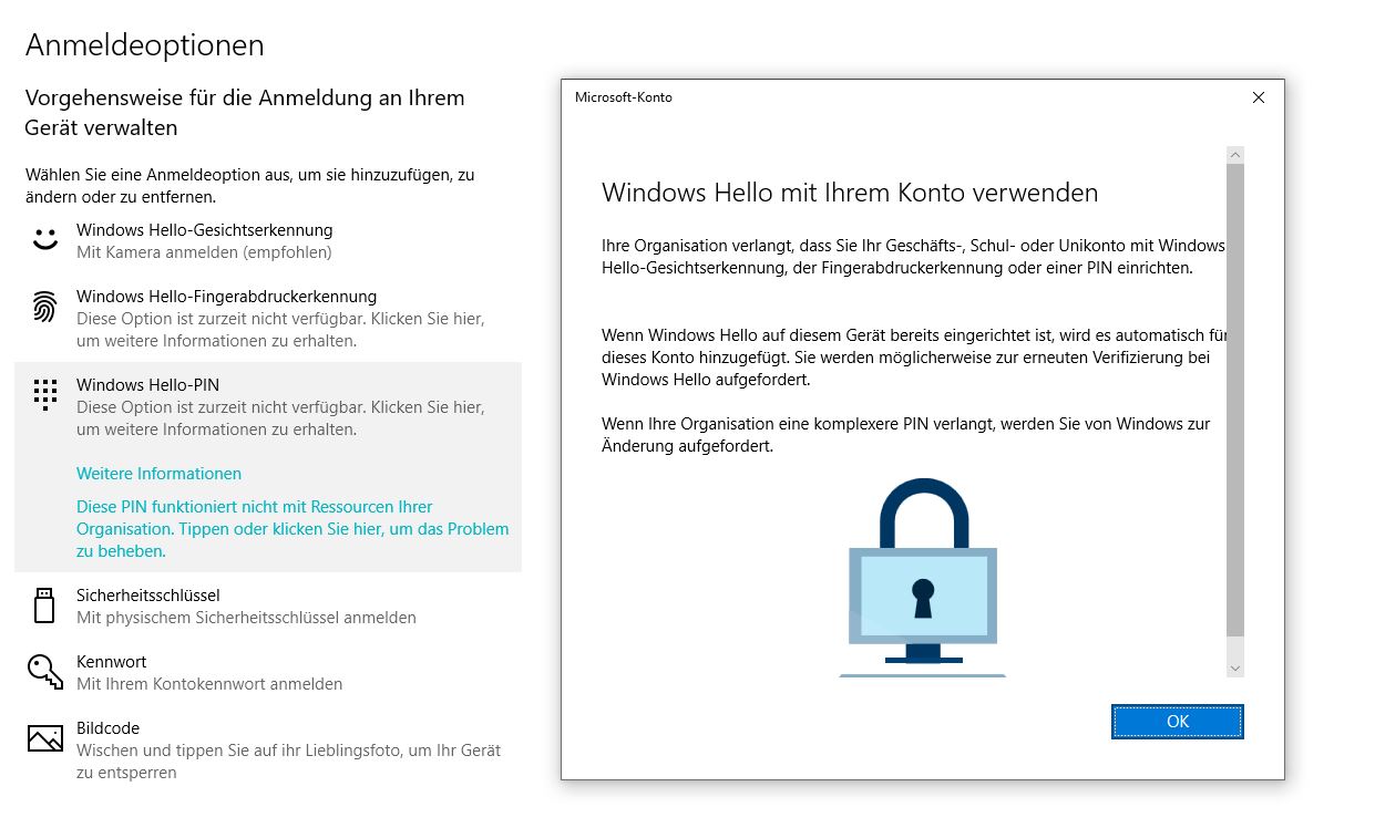 Anmeldung mit Windows-Hello-Pin nicht möglich Zusammenhang mit Uni-Konto?