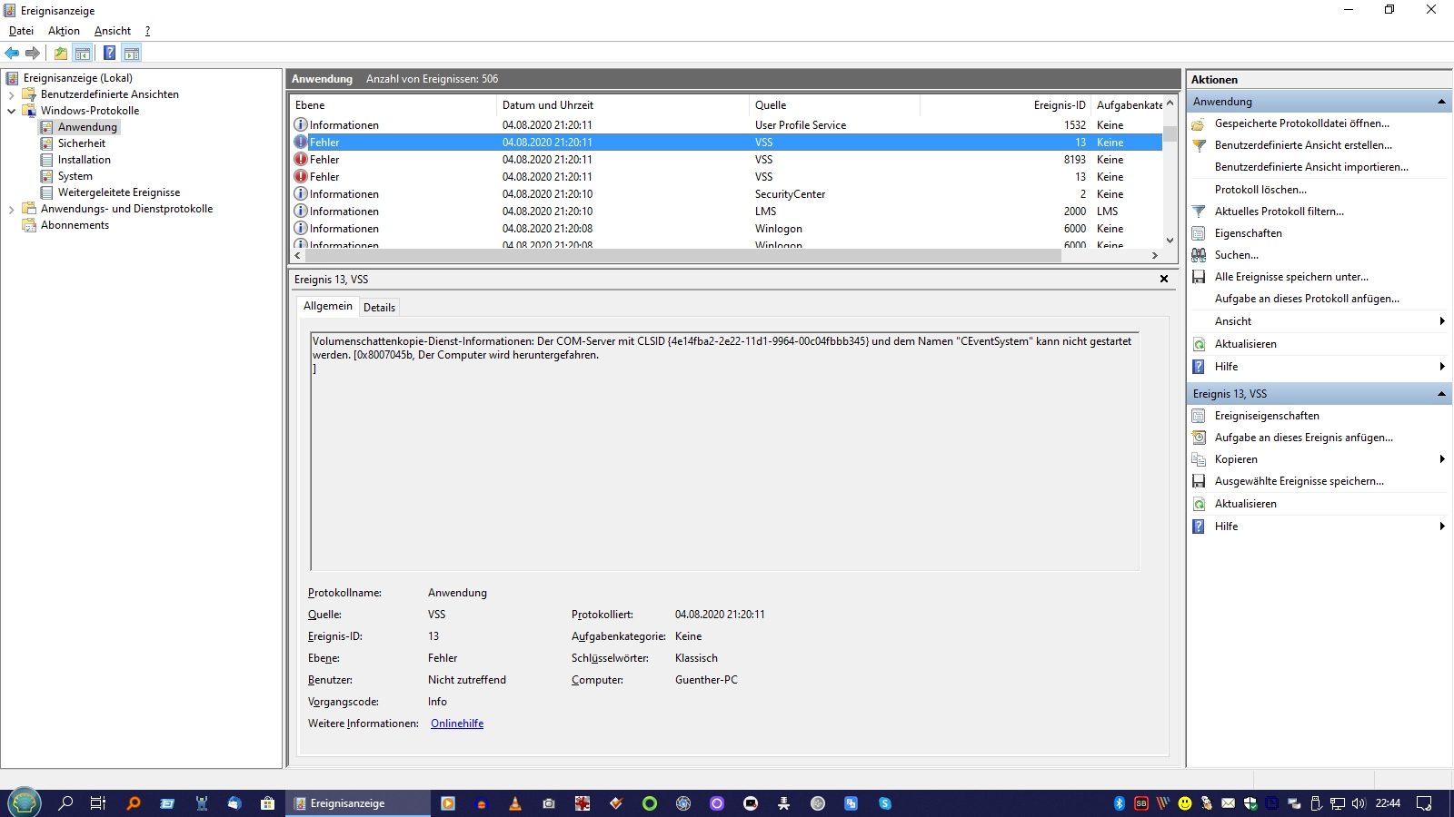 VSS Fehler in der Ereignisanzeige von Windows 10