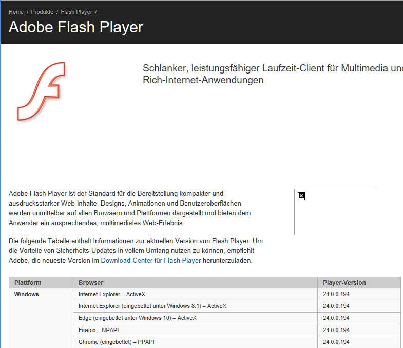 Adobe Flash Player mit Edge