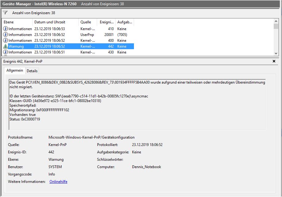 Intel Wireless N 7260 wird nicht migriert.