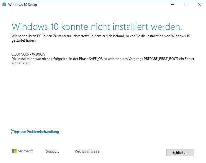 Funktions Update 1903 - beim Download Fehlercode 0x80070005 - 0x2000A