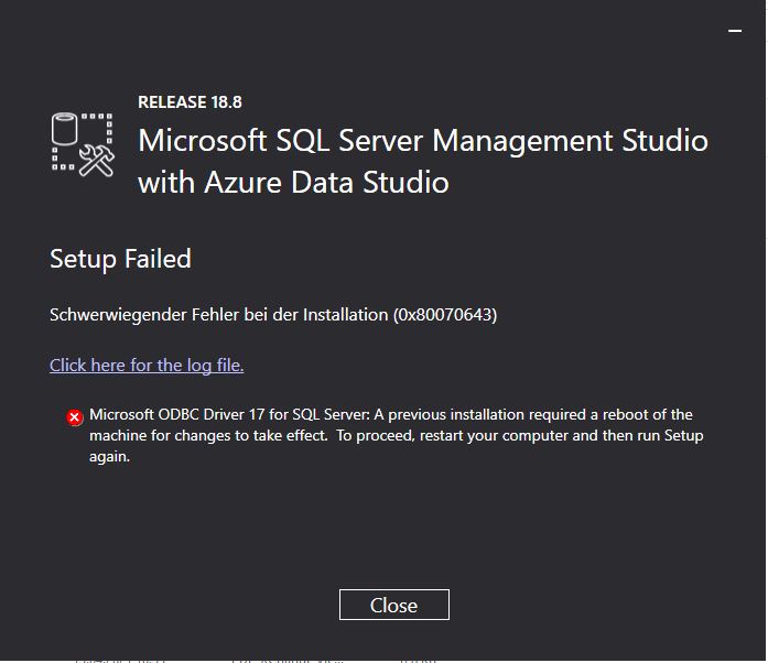 Schwerwiegender Fehler 0X80070643 bei der Installation von SQL-Management Studio