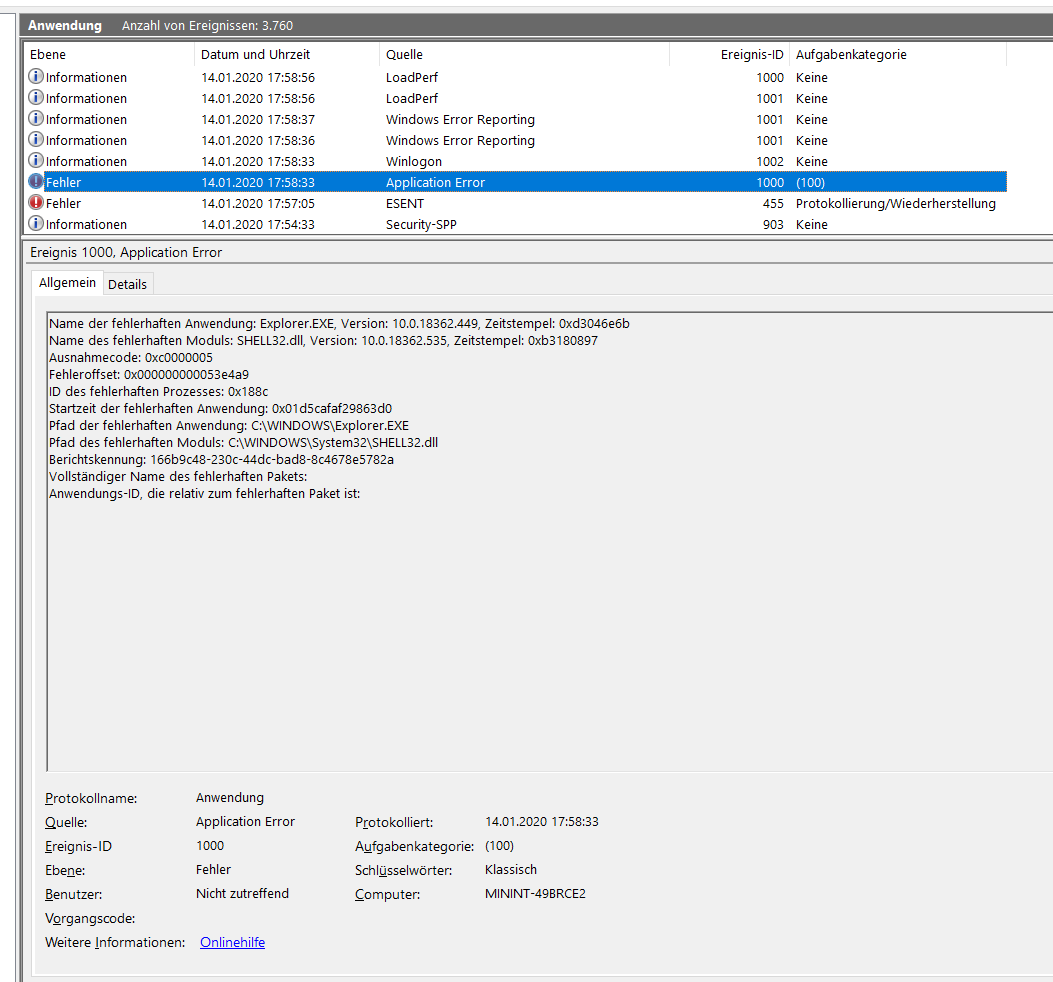 Die explorer.exe stürtzt laufend ab