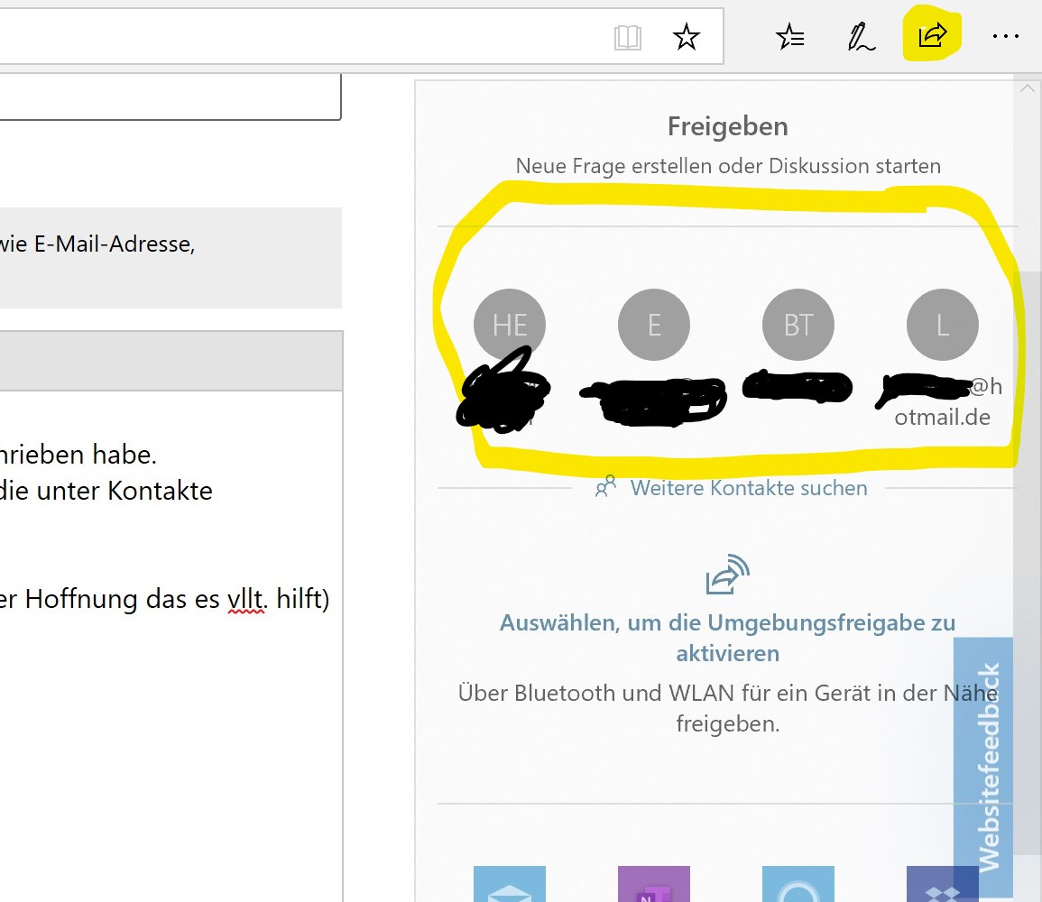 Edge -> Diese Seite teilen -> Personen/ E-Mail-Empfänger löschen
