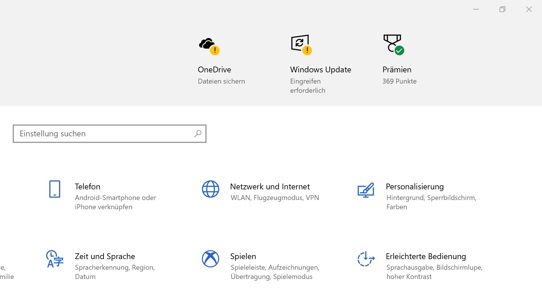 OneDrive und Windows Update Meldungen auf Einstellungen-Startseite