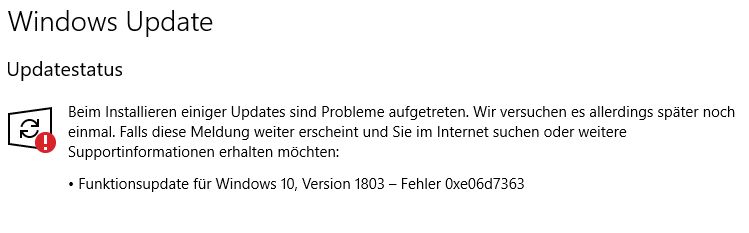 funktionsupdate für windows 10, version 1803 - fehler 0xe06d7363