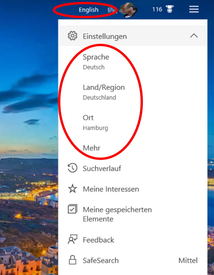 Sprache und Region in Bing